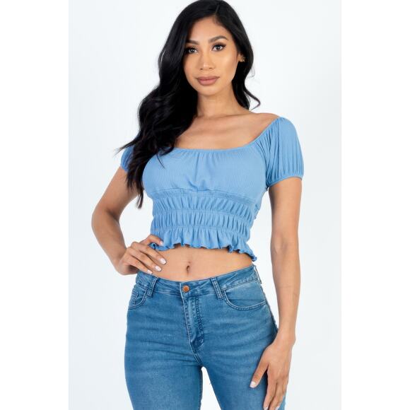 HackleBee Cloud Blue Casual Ruched Puff Sleeve Ribbed Knit Solid Top Size S,M,L - Picture 1 of 6